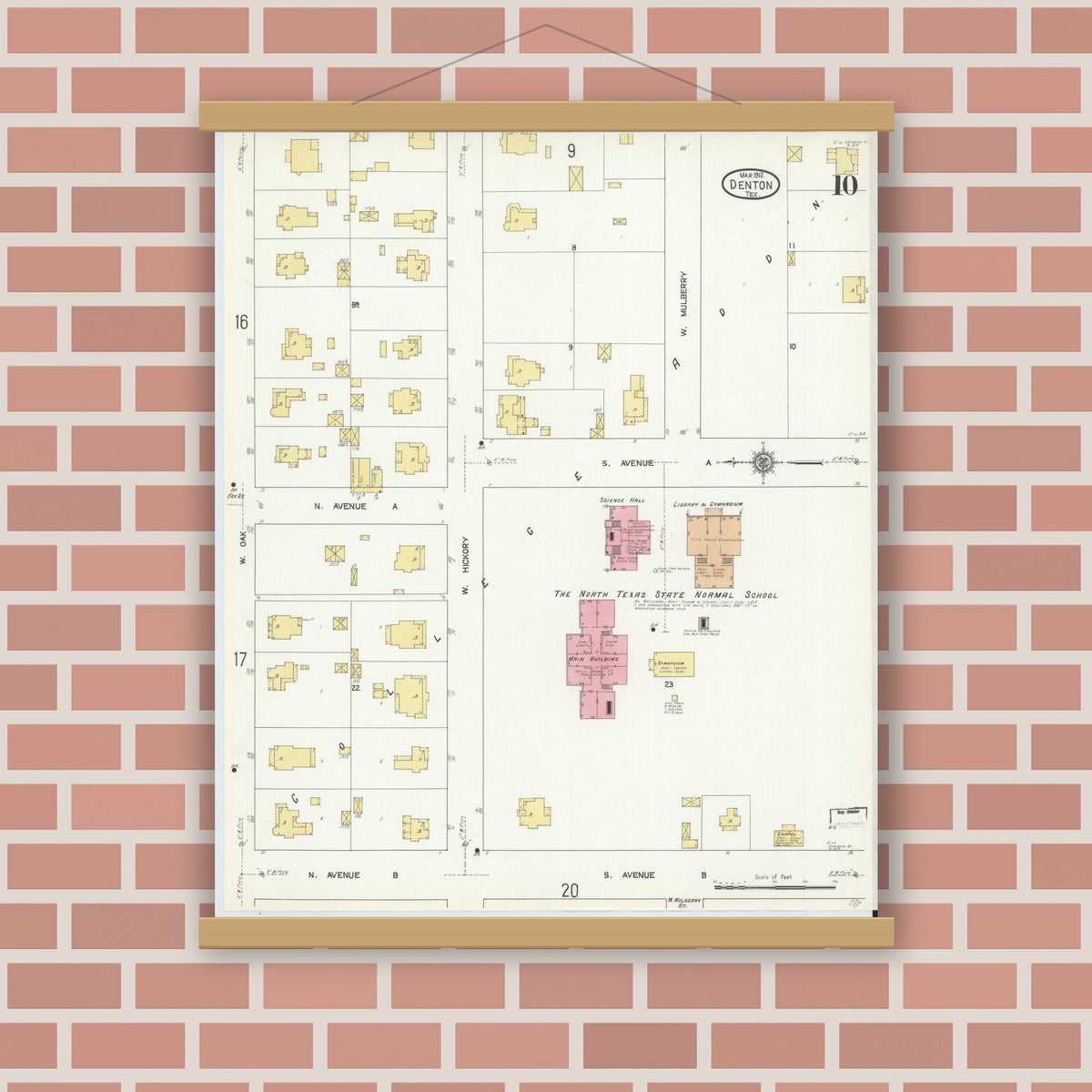 Old map wall art mockup — magnetic wood frame on brick wall — Sanborn Fire Insurance Map from Denton, Denton County, Texas (1912), Sheet #0010