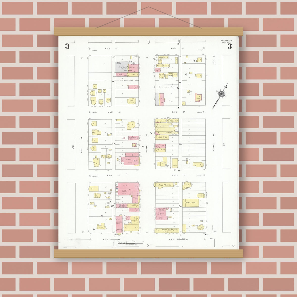 Old map wall art mockup — magnetic wood frame on brick wall — Sanborn Fire Insurance Map from Odessa, Edger County, Texas (1939), Sheet #0003