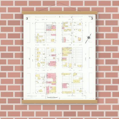 Old map wall art mockup — magnetic wood frame on brick wall — Sanborn Fire Insurance Map from Odessa, Edger County, Texas (1939), Sheet #0003