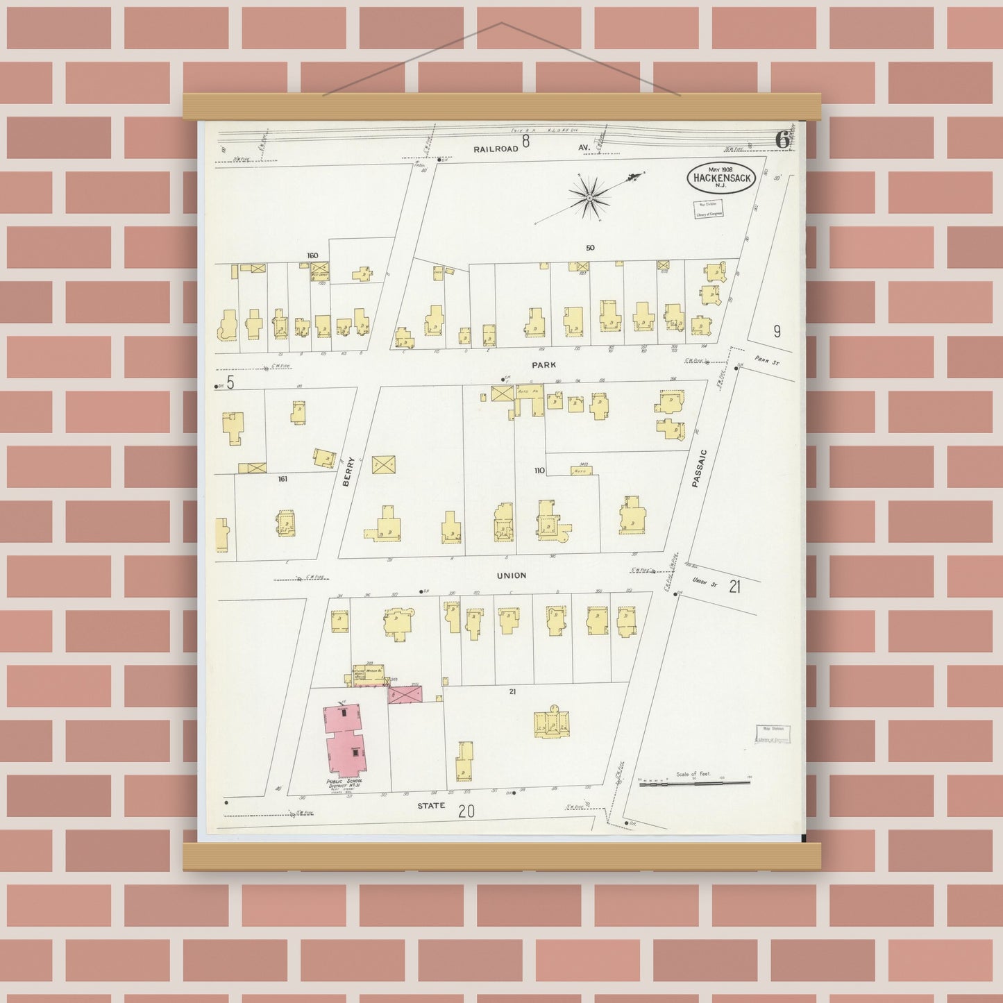 Old map wall art mockup — magnetic wood frame on brick wall — Sanborn Fire Insurance Map from Hackensack, Bergen County, New Jersey (1908), Sheet #0006