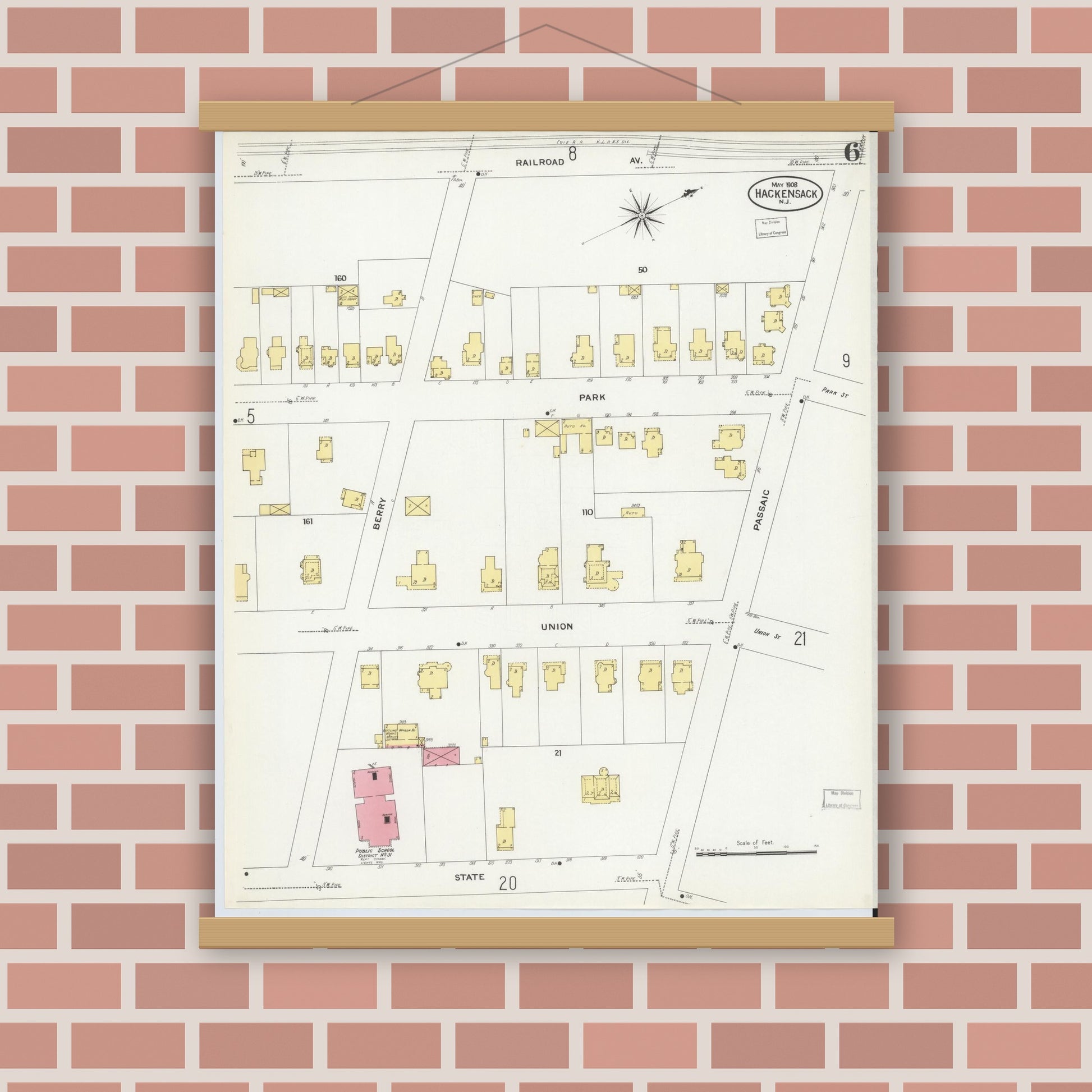 Old map wall art mockup — magnetic wood frame on brick wall — Sanborn Fire Insurance Map from Hackensack, Bergen County, New Jersey (1908), Sheet #0006
