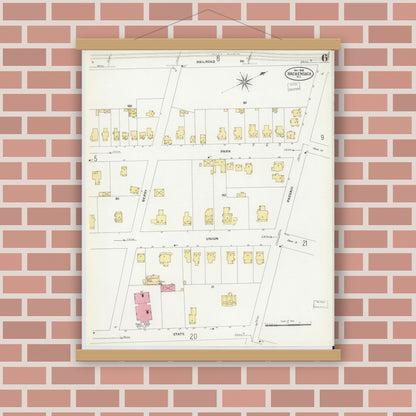 Old map wall art mockup — magnetic wood frame on brick wall — Sanborn Fire Insurance Map from Hackensack, Bergen County, New Jersey (1908), Sheet #0006