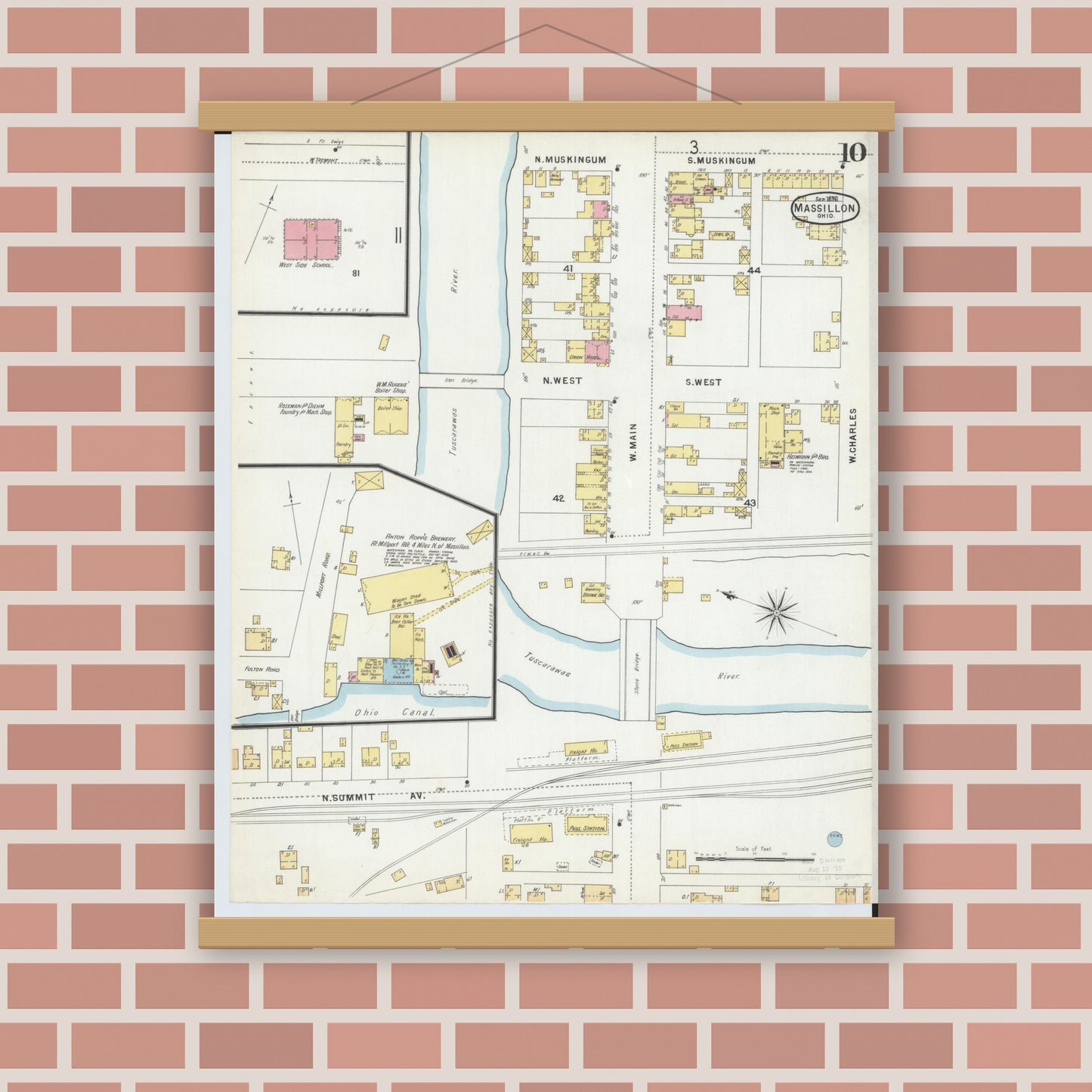 Old map wall art mockup — magnetic wood frame on brick wall — Sanborn Fire Insurance Map from Massillon, Stark County, Ohio (1896), Sheet #0010