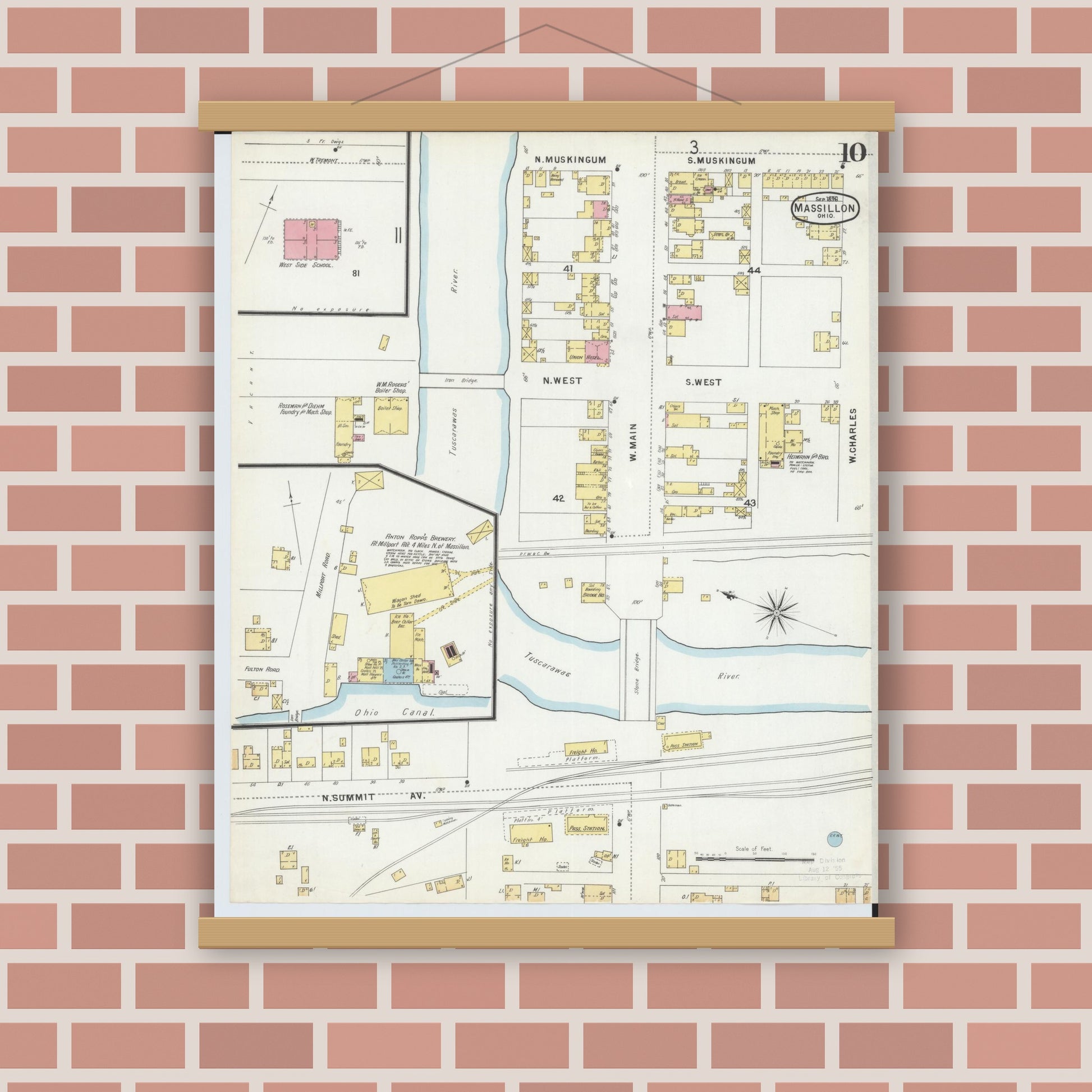 Old map wall art mockup — magnetic wood frame on brick wall — Sanborn Fire Insurance Map from Massillon, Stark County, Ohio (1896), Sheet #0010