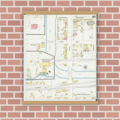 Old map wall art mockup — magnetic wood frame on brick wall — Sanborn Fire Insurance Map from Massillon, Stark County, Ohio (1896), Sheet #0010