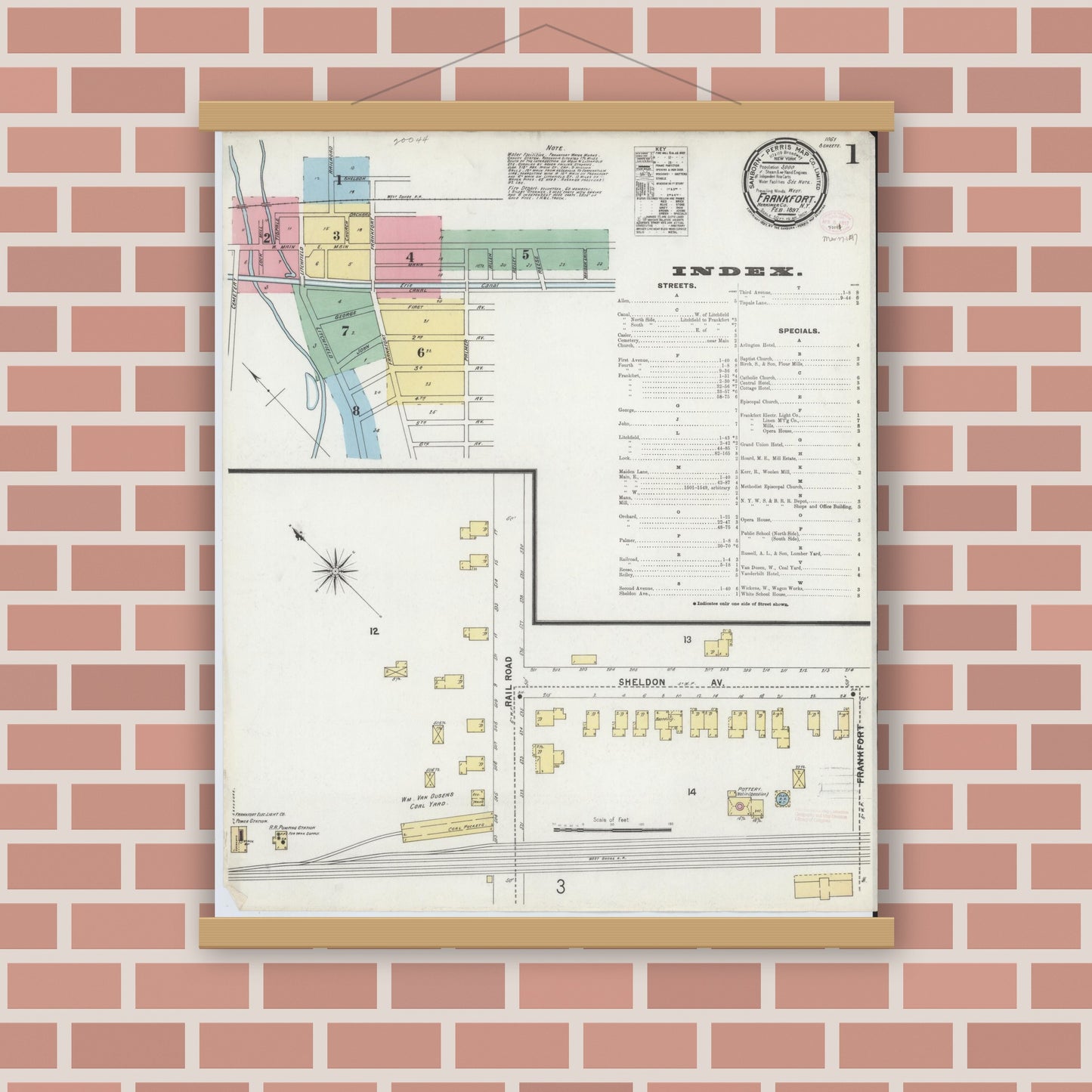 Old map wall art mockup — magnetic wood frame on brick wall — Sanborn Fire Insurance Map from Frankfort, Herkimer County, New York (1897) - Complete Map Set