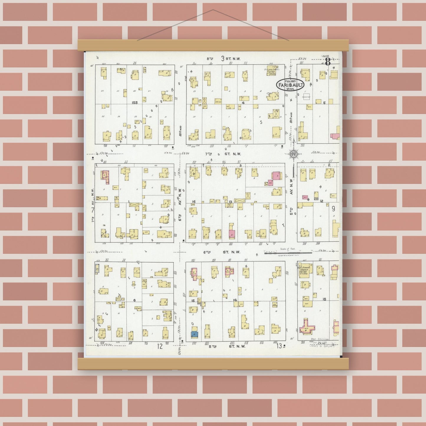 Old map wall art mockup — magnetic wood frame on brick wall — Sanborn Fire Insurance Map from Faribault, Rice County, Minnesota (1921), Sheet #0008