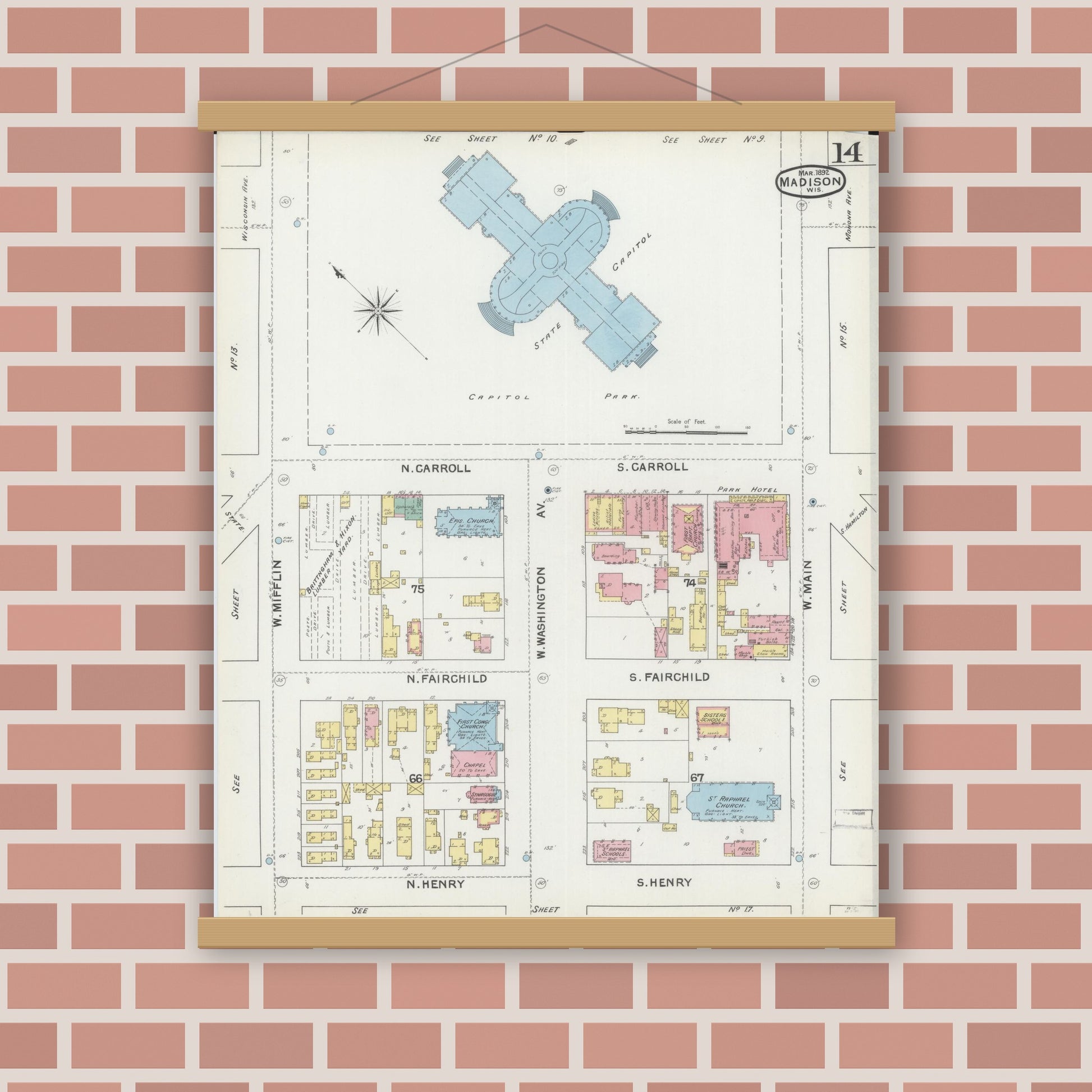 Old map wall art mockup — magnetic wood frame on brick wall — Sanborn Fire Insurance Map from Madison, Dane County, Wisconsin (1892), Sheet #0014