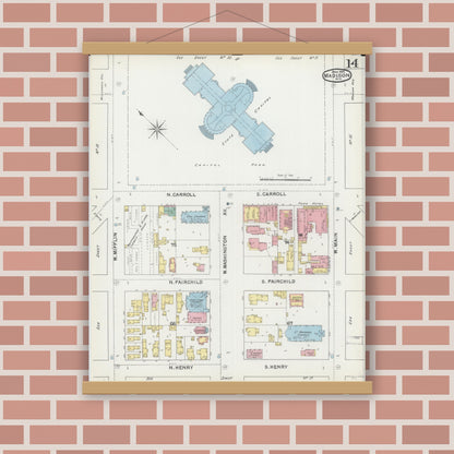 Old map wall art mockup — magnetic wood frame on brick wall — Sanborn Fire Insurance Map from Madison, Dane County, Wisconsin (1892), Sheet #0014