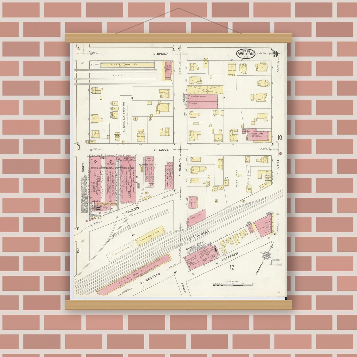 Old map wall art mockup — magnetic wood frame on brick wall — Sanborn Fire Insurance Map from Wilson, Wilson County, North Carolina (1913), Sheet #0009