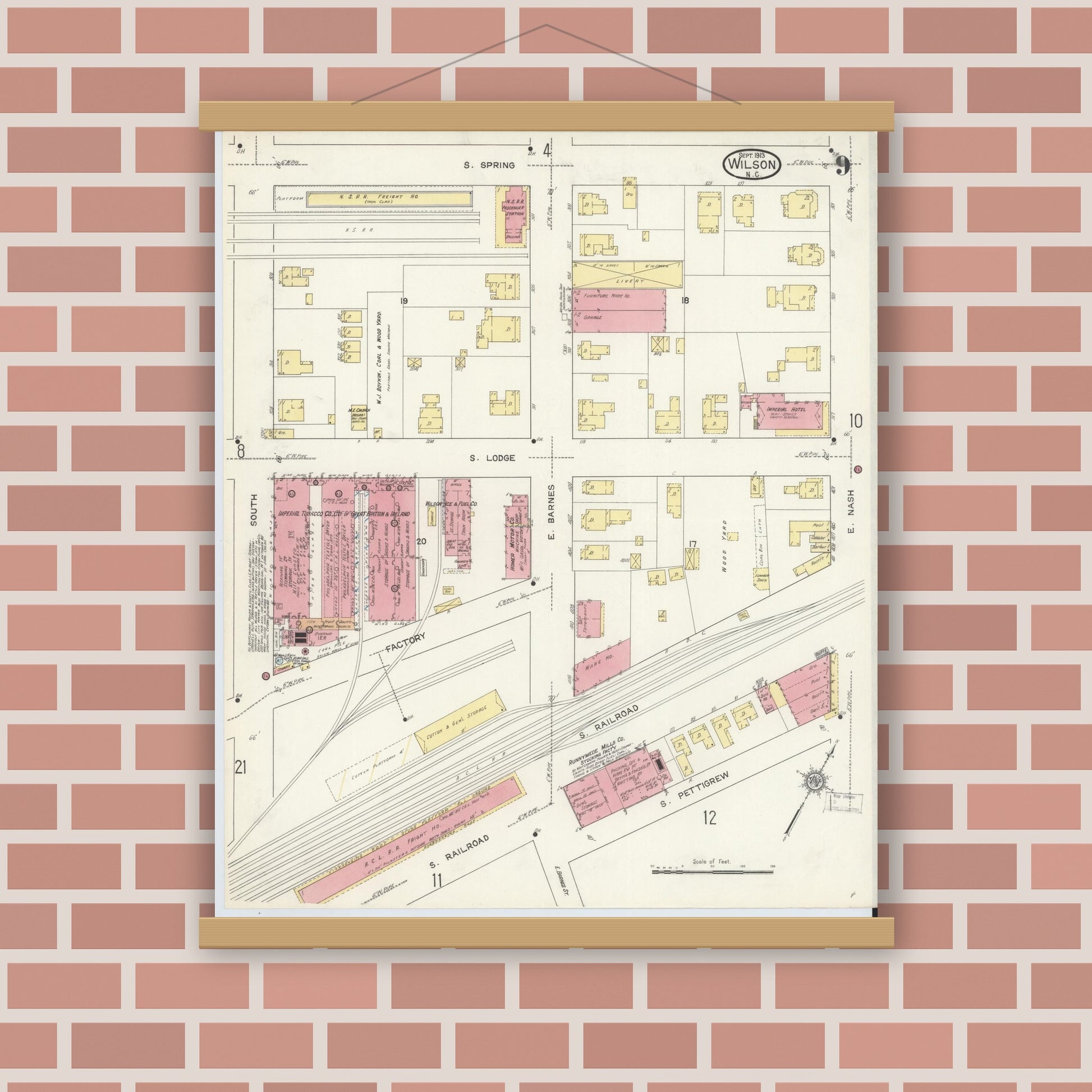 Old map wall art mockup — magnetic wood frame on brick wall — Sanborn Fire Insurance Map from Wilson, Wilson County, North Carolina (1913), Sheet #0009