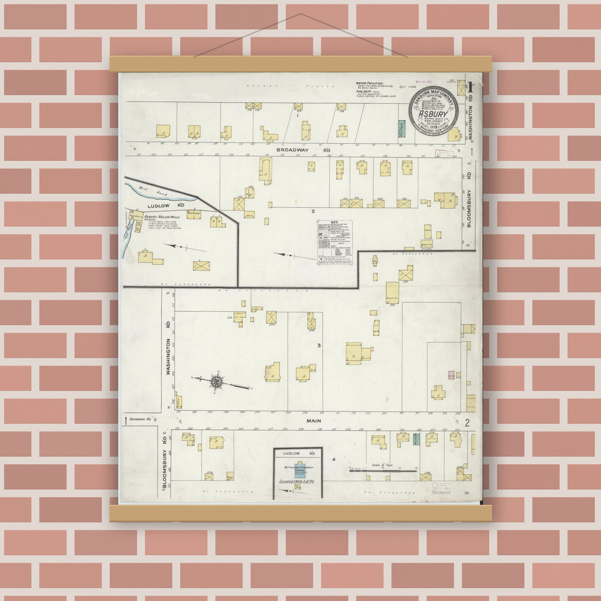 Old map wall art mockup — magnetic wood frame on brick wall — Sanborn Fire Insurance Map from Asbury, Warren County, New Jersey (1909) - Complete Map Set