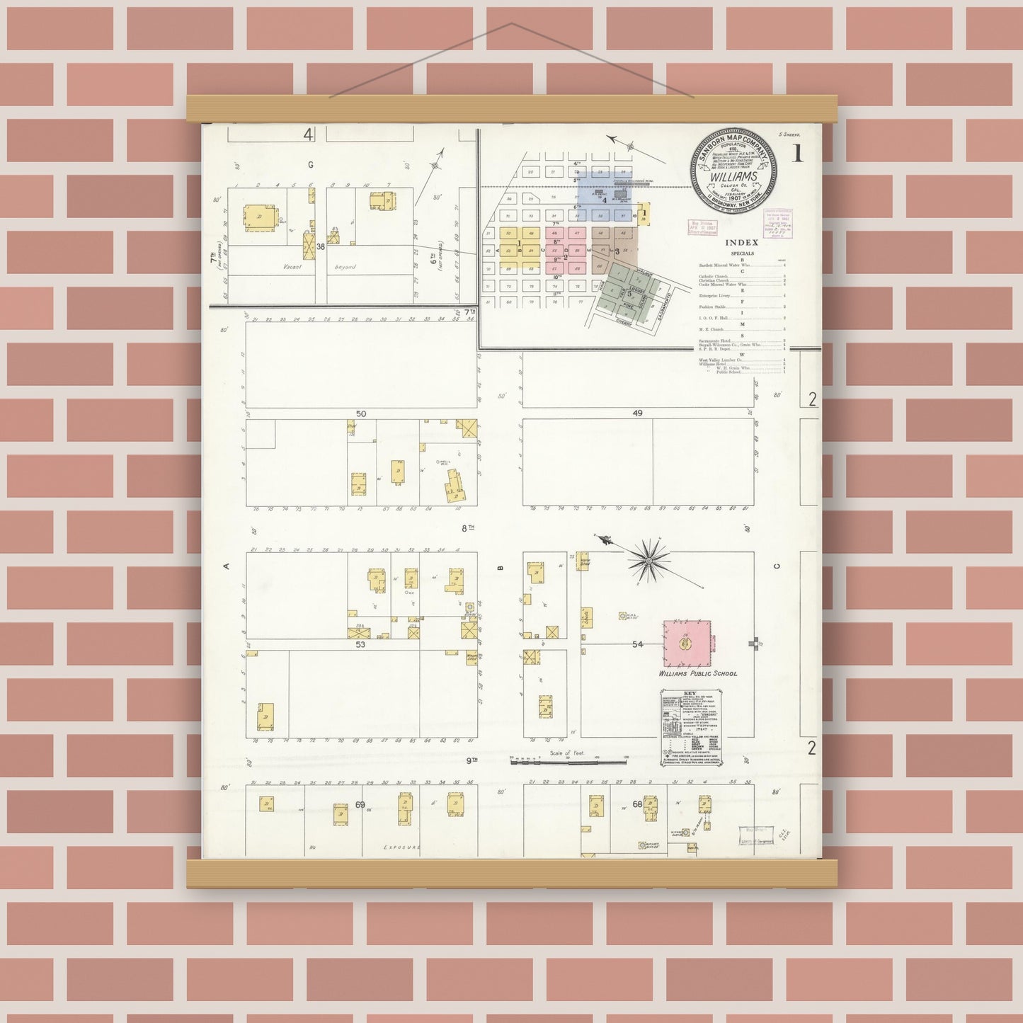 Old map wall art mockup — magnetic wood frame on brick wall — Sanborn Fire Insurance Map from Williams, Colusa County, California (1907) - Complete Map Set