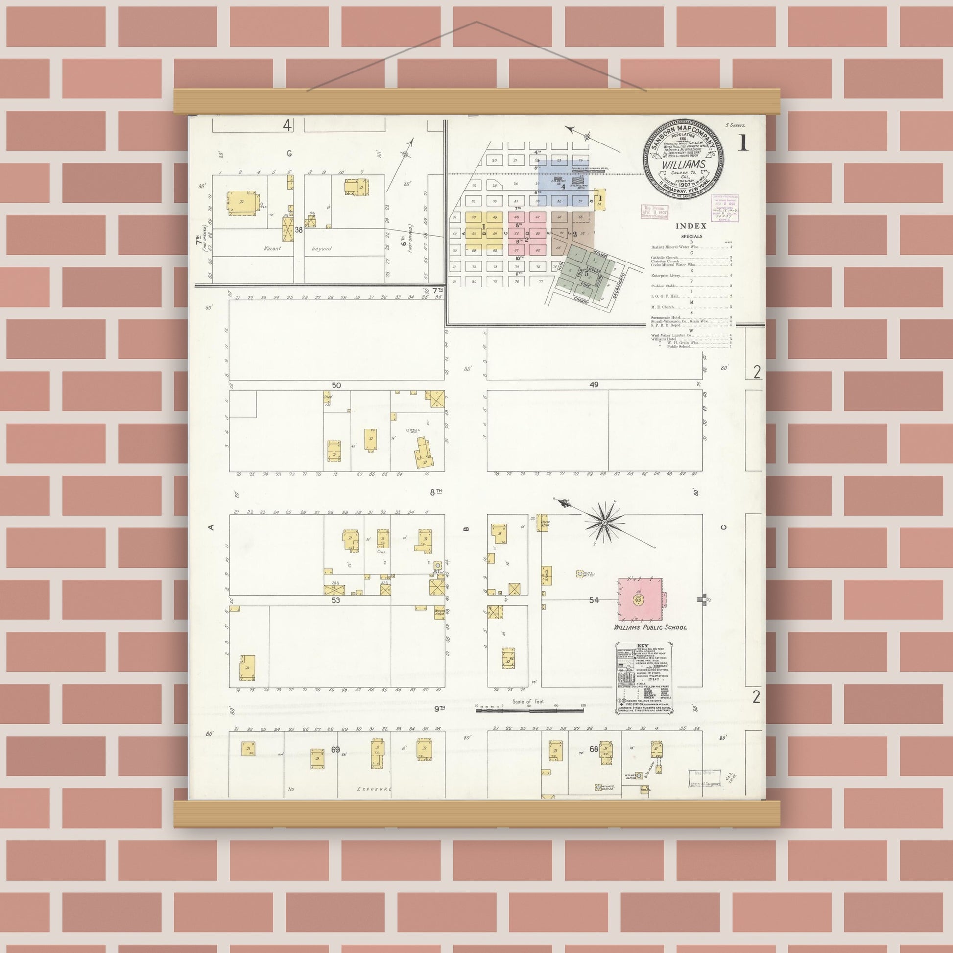 Old map wall art mockup — magnetic wood frame on brick wall — Sanborn Fire Insurance Map from Williams, Colusa County, California (1907) - Complete Map Set