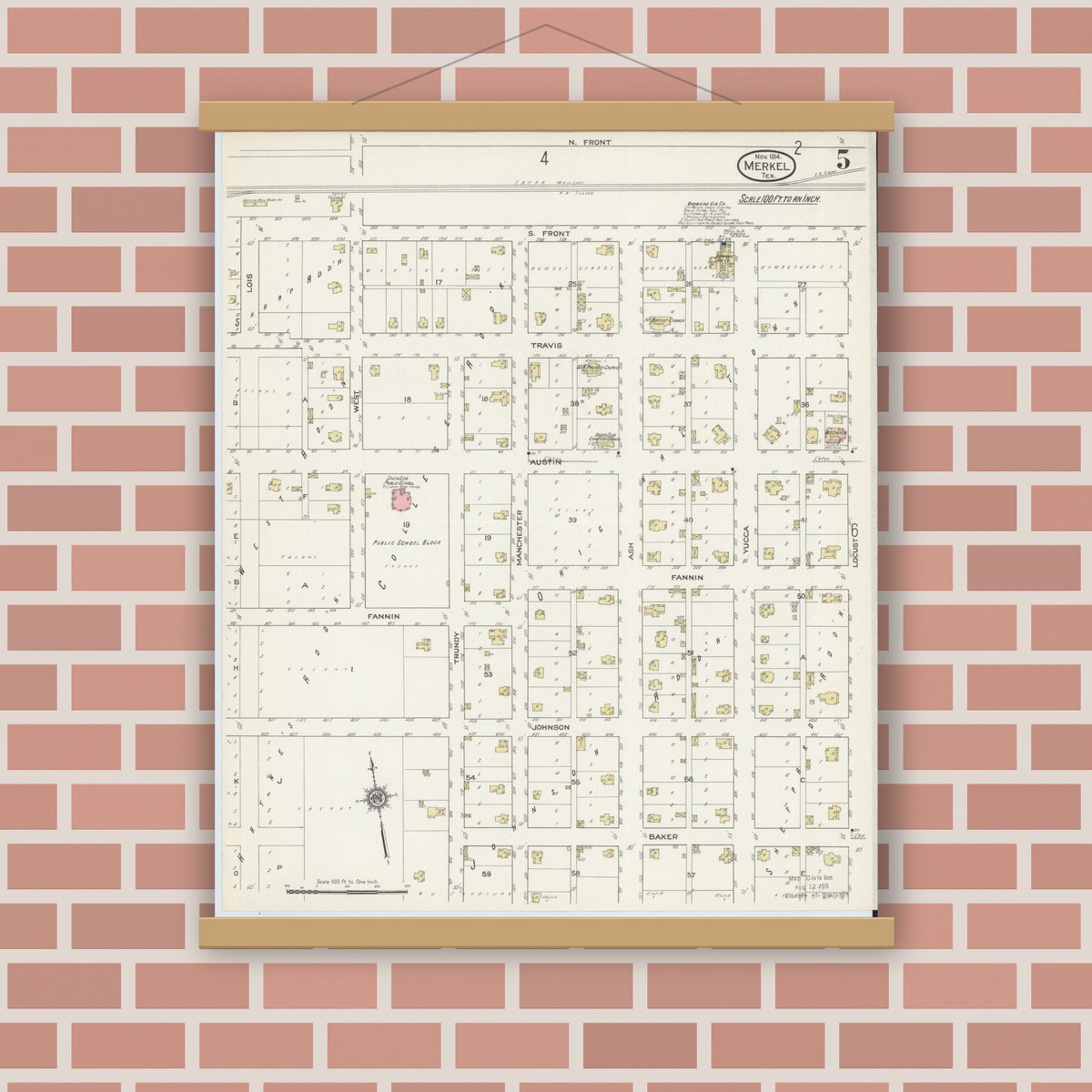 Old map wall art mockup — magnetic wood frame on brick wall — Sanborn Fire Insurance Map from Merkel, Taylor County, Texas (1914), Sheet #0005