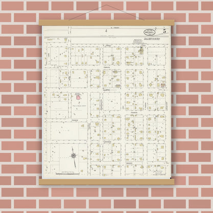 Old map wall art mockup — magnetic wood frame on brick wall — Sanborn Fire Insurance Map from Merkel, Taylor County, Texas (1914), Sheet #0005