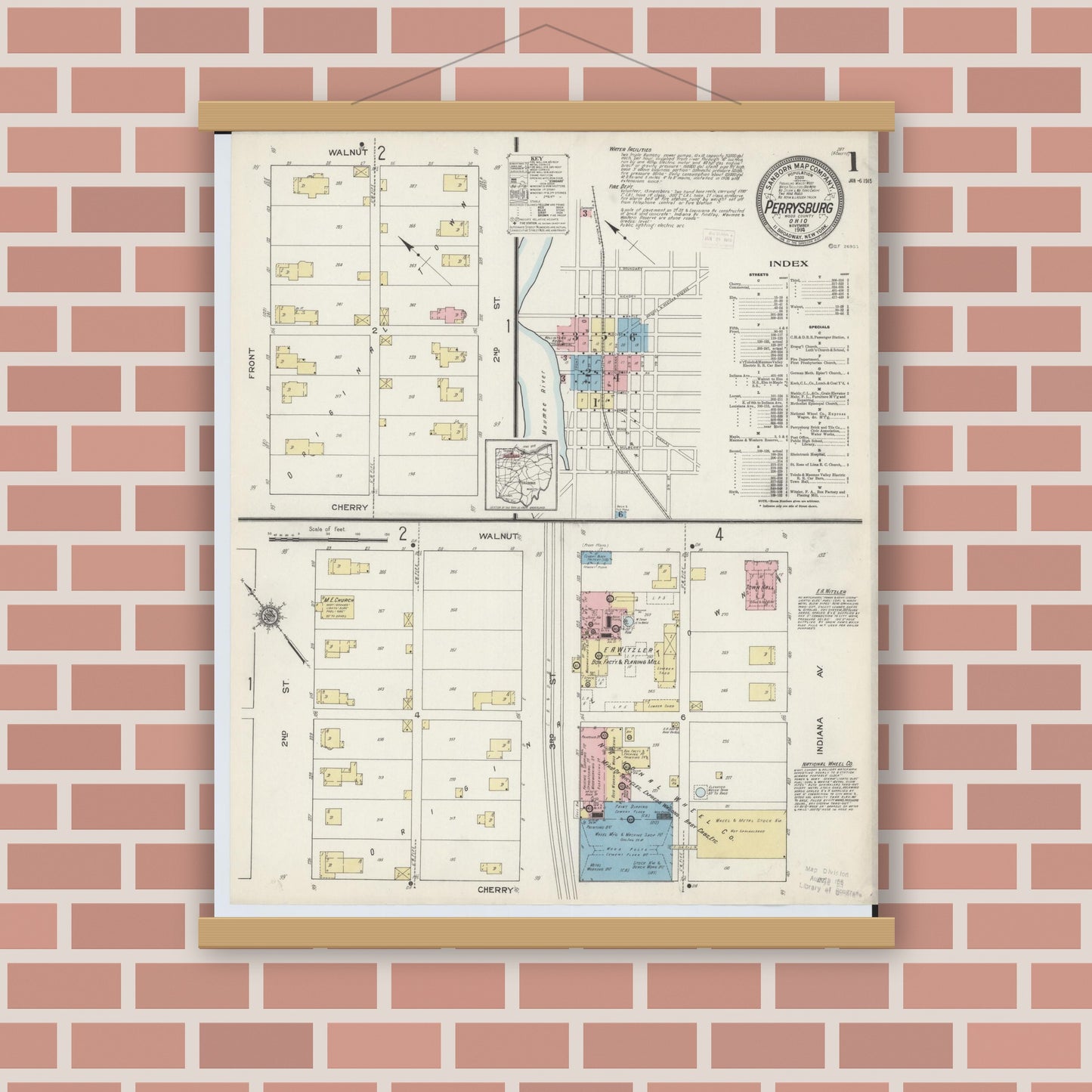 Old map wall art mockup — magnetic wood frame on brick wall — Sanborn Fire Insurance Map from Perrysburg, Wood County, Ohio (1914), Sheet #0001