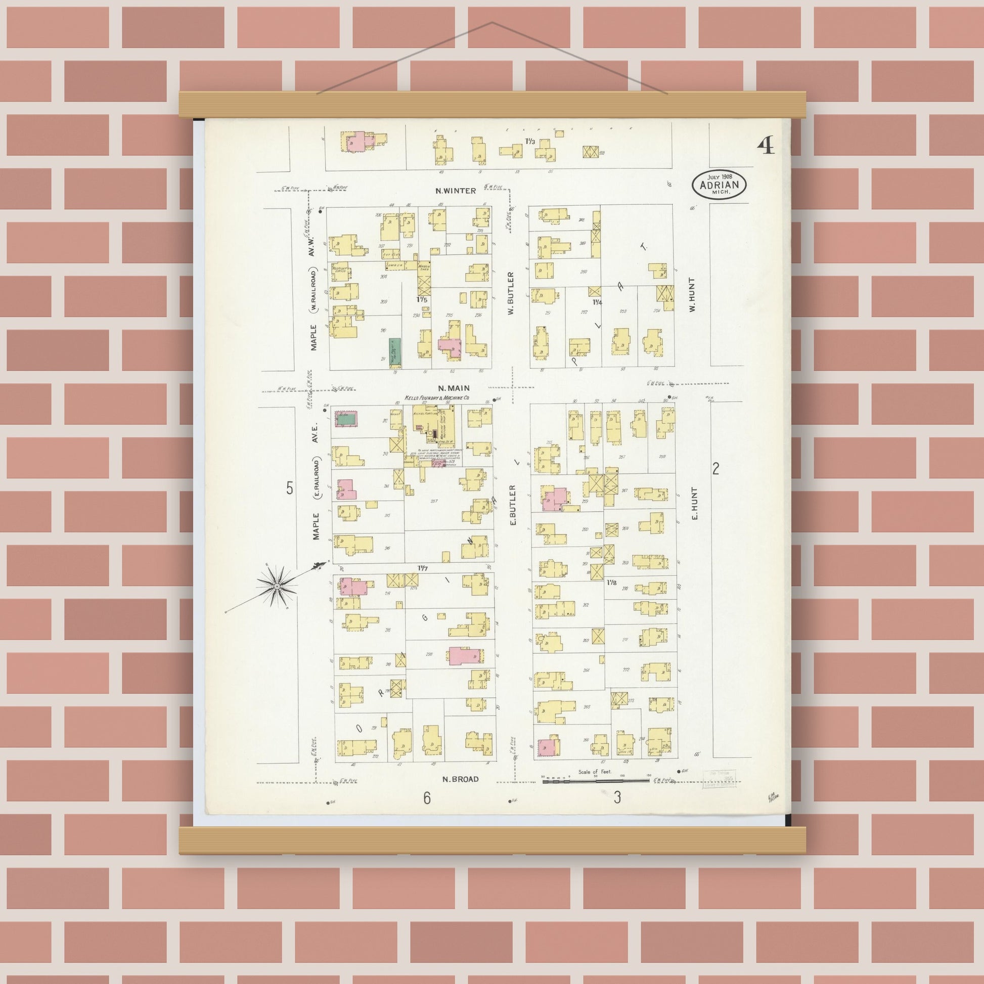 Old map wall art mockup — magnetic wood frame on brick wall — Sanborn Fire Insurance Map from Adrian, Lenawee County, Michigan (1908), Sheet #0004
