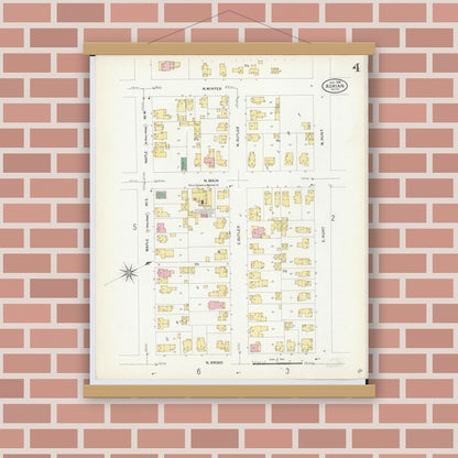 Old map wall art mockup — magnetic wood frame on brick wall — Sanborn Fire Insurance Map from Adrian, Lenawee County, Michigan (1908), Sheet #0004