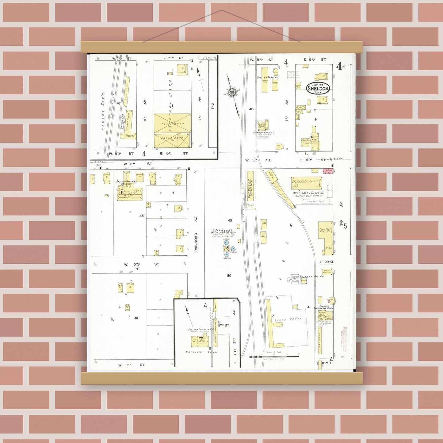 Old map wall art mockup — magnetic wood frame on brick wall — Sanborn Fire Insurance Map from Sheldon, O'Brien County, Iowa (1918), Sheet #0004