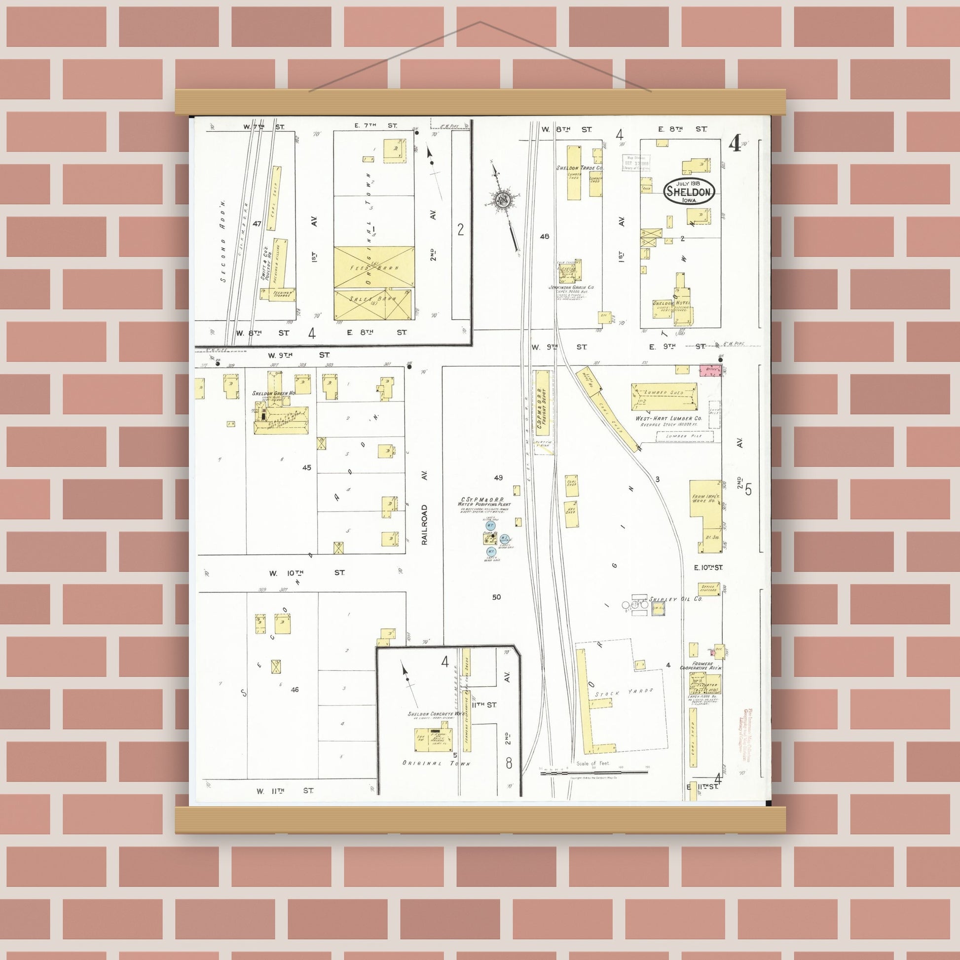 Old map wall art mockup — magnetic wood frame on brick wall — Sanborn Fire Insurance Map from Sheldon, O'Brien County, Iowa (1918), Sheet #0004