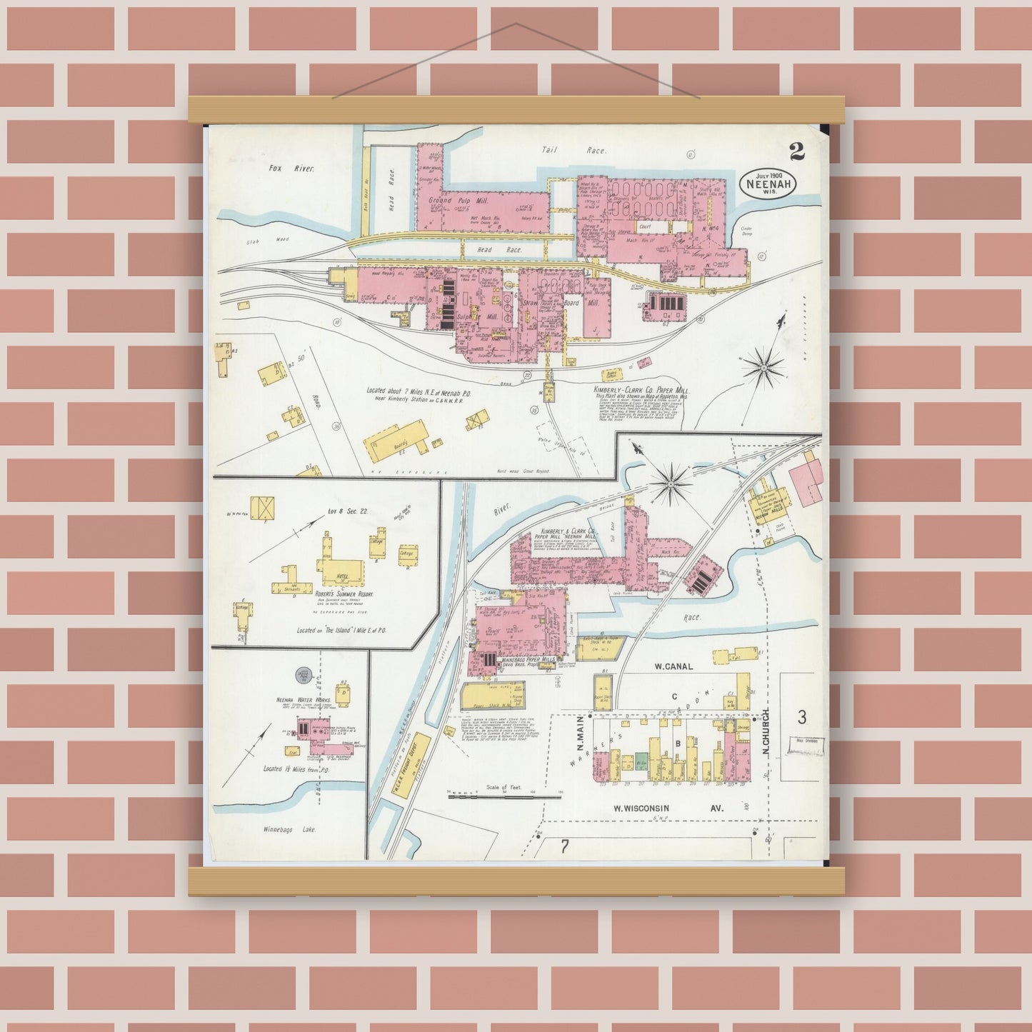 Old map wall art mockup — magnetic wood frame on brick wall — Sanborn Fire Insurance Map from Neenah, Winnebago County, Wisconsin (1900), Sheet #0002