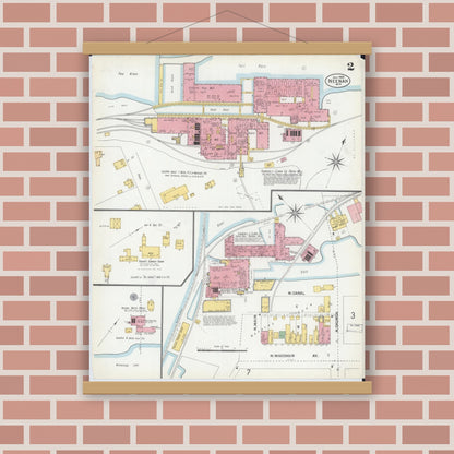Old map wall art mockup — magnetic wood frame on brick wall — Sanborn Fire Insurance Map from Neenah, Winnebago County, Wisconsin (1900), Sheet #0002
