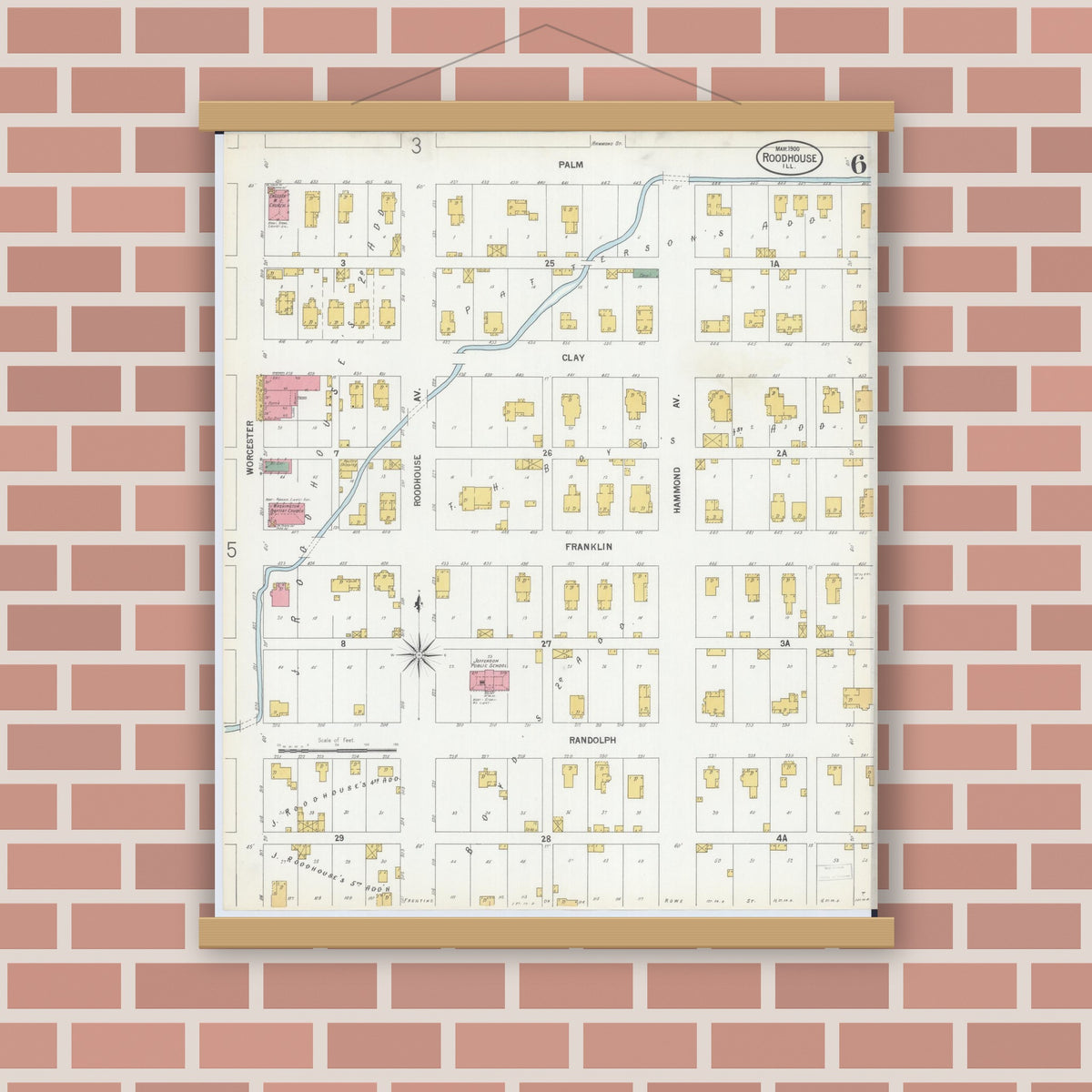 Old map wall art mockup — magnetic wood frame on brick wall — Sanborn Fire Insurance Map from Roodhouse, Greene County, Illinois (1900), Sheet #0006