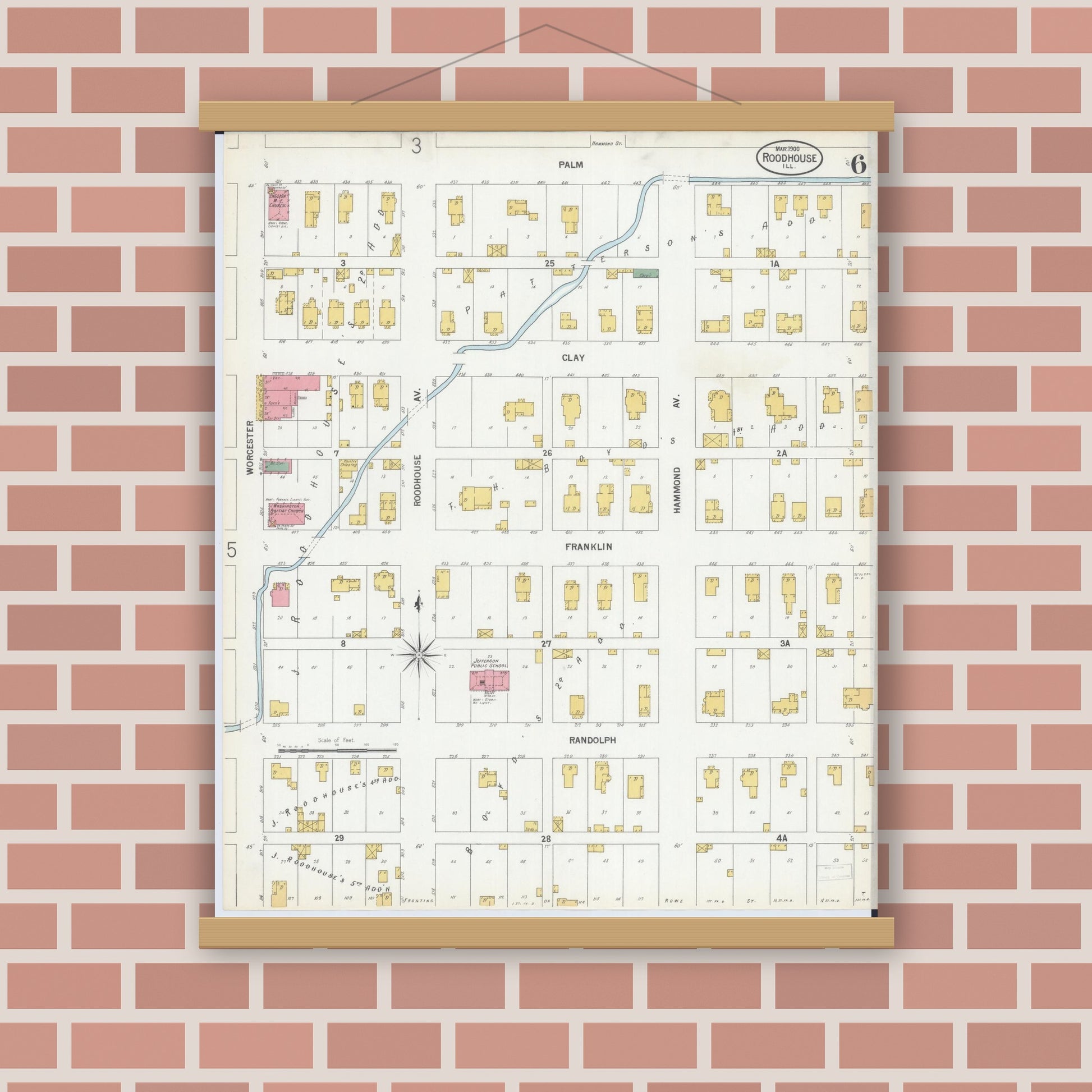 Old map wall art mockup — magnetic wood frame on brick wall — Sanborn Fire Insurance Map from Roodhouse, Greene County, Illinois (1900), Sheet #0006