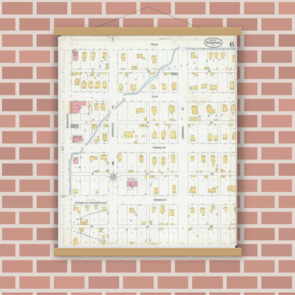 Old map wall art mockup — magnetic wood frame on brick wall — Sanborn Fire Insurance Map from Roodhouse, Greene County, Illinois (1900), Sheet #0006