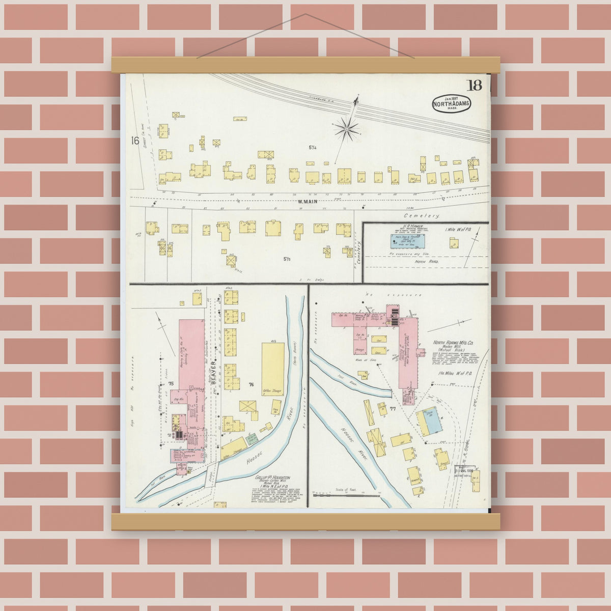 Old map wall art mockup — magnetic wood frame on brick wall — Sanborn Fire Insurance Map from North Adams, Berkshire County, Massachusetts (1897), Sheet #0018