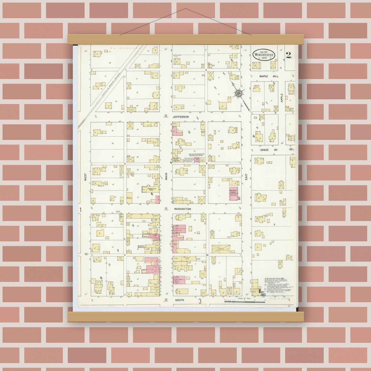 Old map wall art mockup — magnetic wood frame on brick wall — Sanborn Fire Insurance Map from Winchester, Adams County, Ohio (1912), Sheet #0002