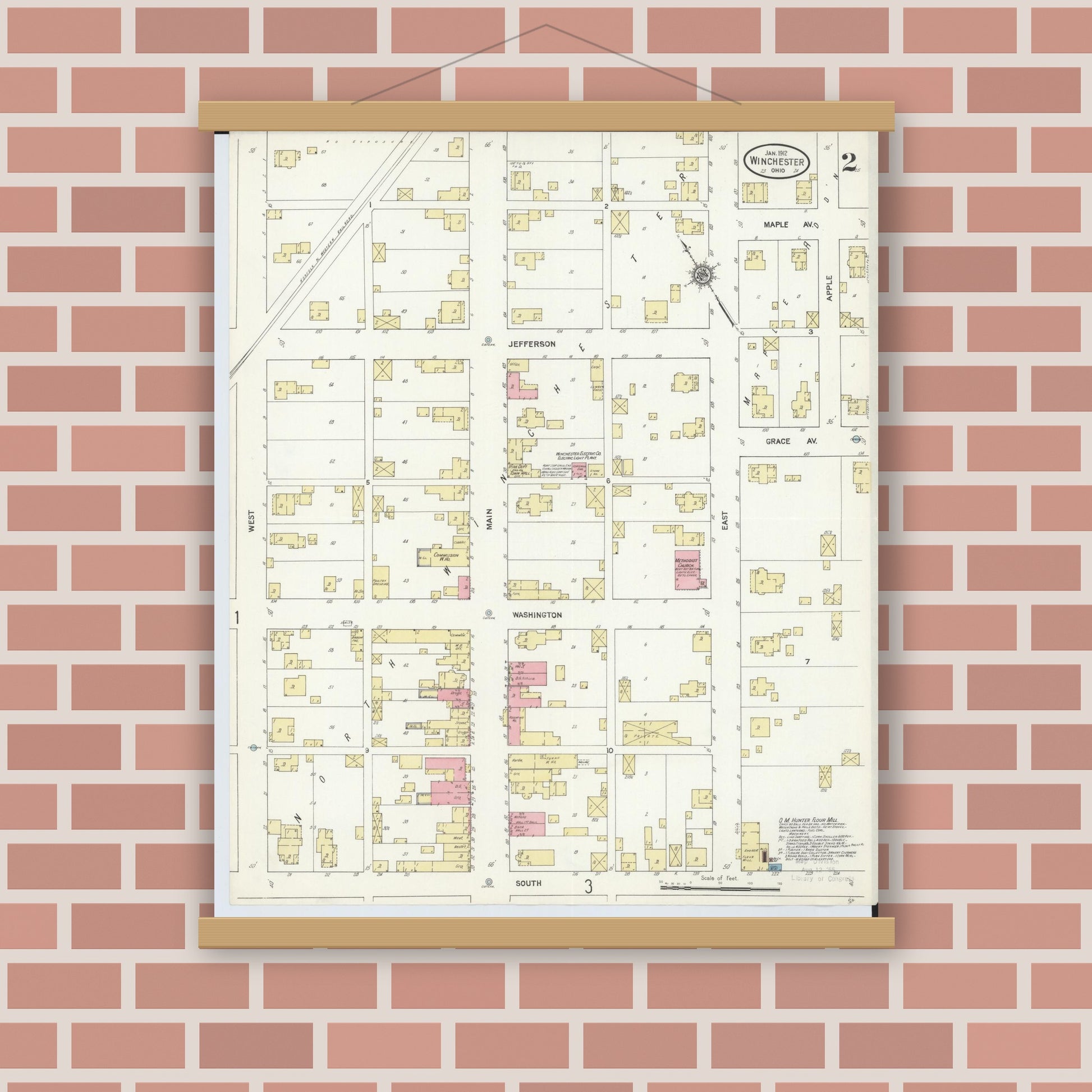 Old map wall art mockup — magnetic wood frame on brick wall — Sanborn Fire Insurance Map from Winchester, Adams County, Ohio (1912), Sheet #0002