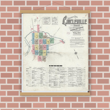 Old map wall art mockup — magnetic wood frame on brick wall — Sanborn Fire Insurance Map from Circleville, Pickaway County, Ohio (1914) - Complete Map Set