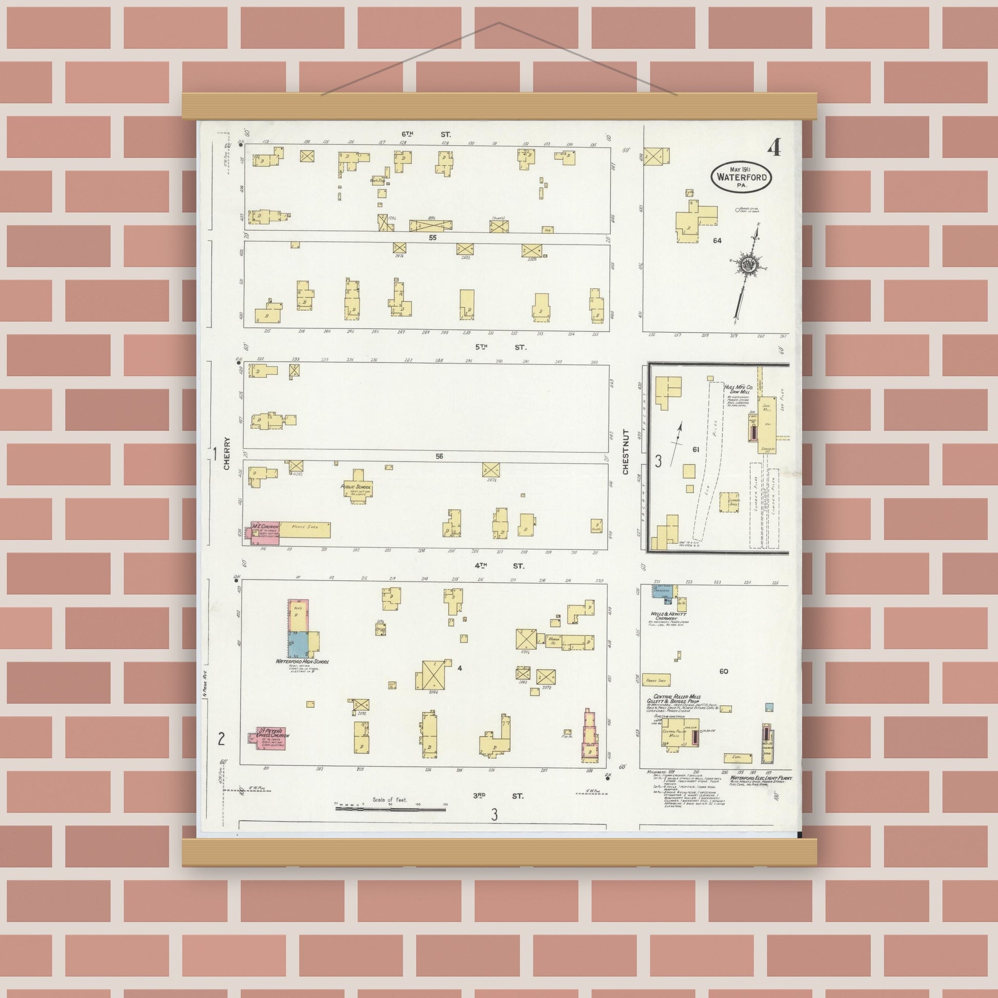 Old map wall art mockup — magnetic wood frame on brick wall — Sanborn Fire Insurance Map from Waterford, Erie County, Pennsylvania (1911), Sheet #0004
