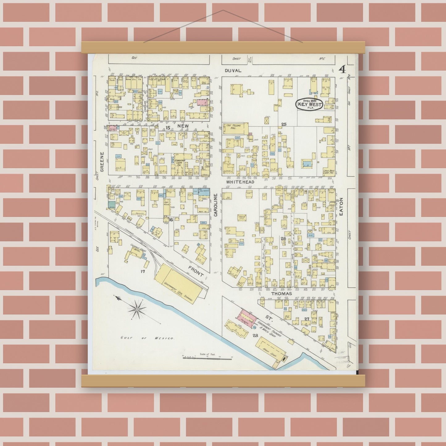 Old map wall art mockup — magnetic wood frame on brick wall — Sanborn Fire Insurance Map from Key West, Monroe County, Florida (1892), Sheet #0004