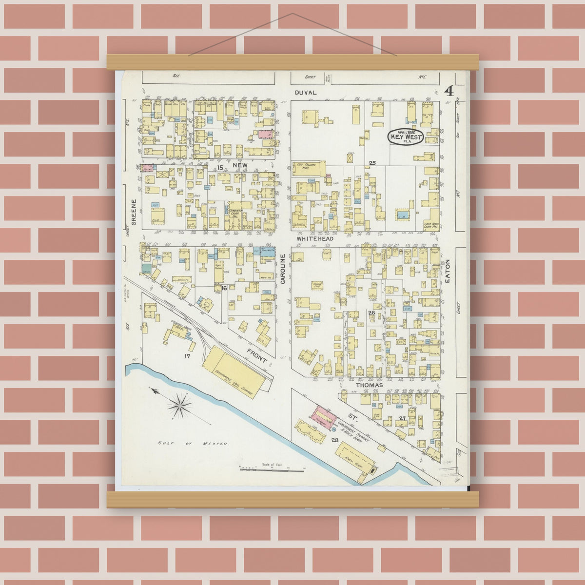 Old map wall art mockup — magnetic wood frame on brick wall — Sanborn Fire Insurance Map from Key West, Monroe County, Florida (1892), Sheet #0004