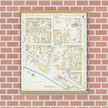 Old map wall art mockup — magnetic wood frame on brick wall — Sanborn Fire Insurance Map from Key West, Monroe County, Florida (1892), Sheet #0004