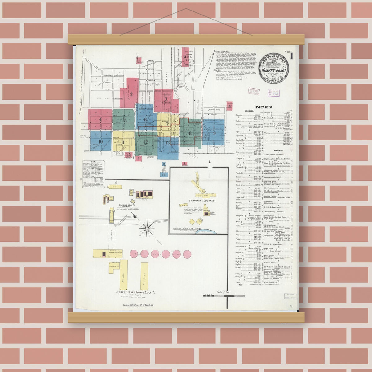Old map wall art mockup — magnetic wood frame on brick wall — Sanborn Fire Insurance Map from Murphysboro, Jackson County, Illinois (1909) - Complete Map Set