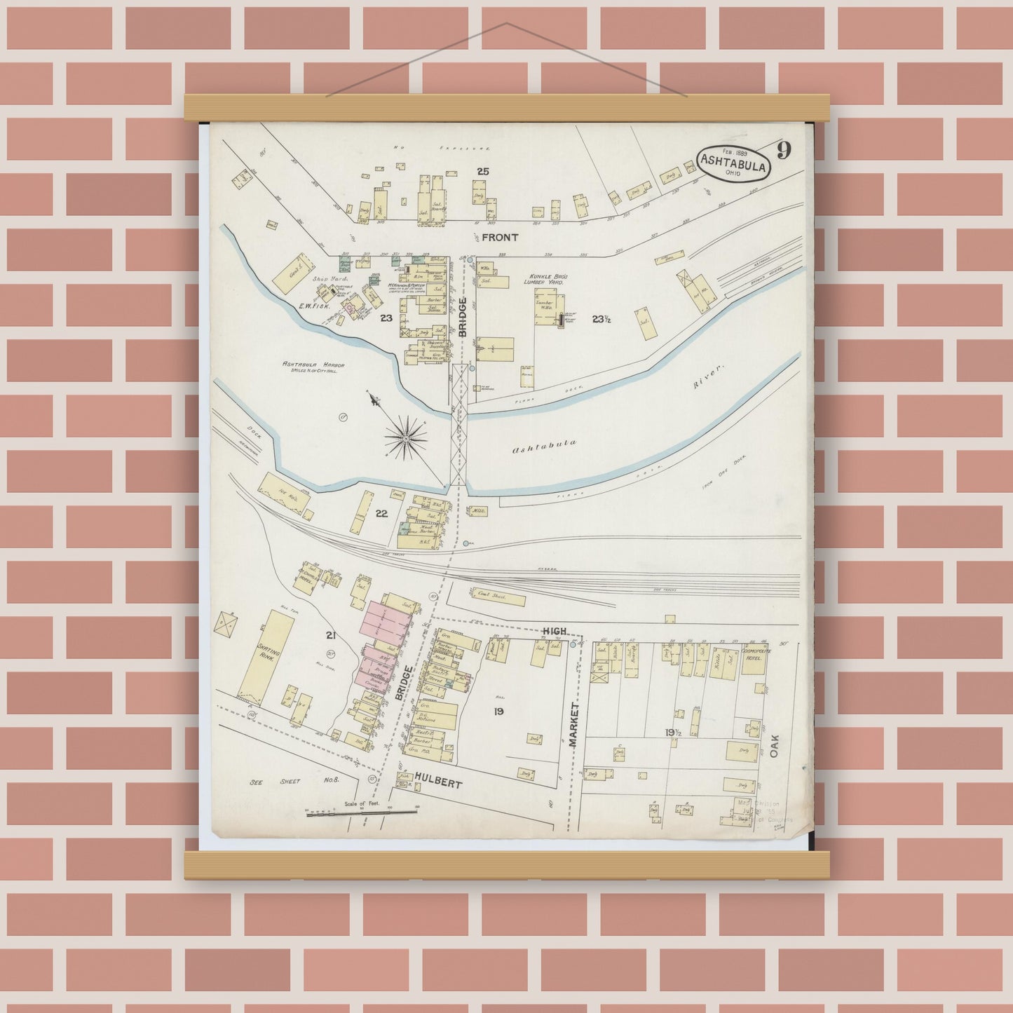 Old map wall art mockup — magnetic wood frame on brick wall — Sanborn Fire Insurance Map from Ashtabula, Ashtabula County, Ohio (1889), Sheet #0009