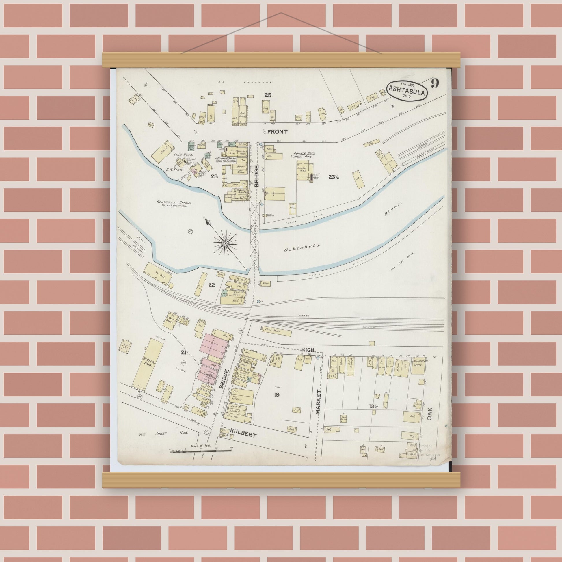 Old map wall art mockup — magnetic wood frame on brick wall — Sanborn Fire Insurance Map from Ashtabula, Ashtabula County, Ohio (1889), Sheet #0009