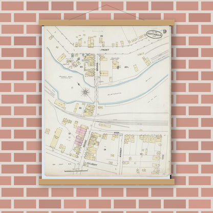 Old map wall art mockup — magnetic wood frame on brick wall — Sanborn Fire Insurance Map from Ashtabula, Ashtabula County, Ohio (1889), Sheet #0009