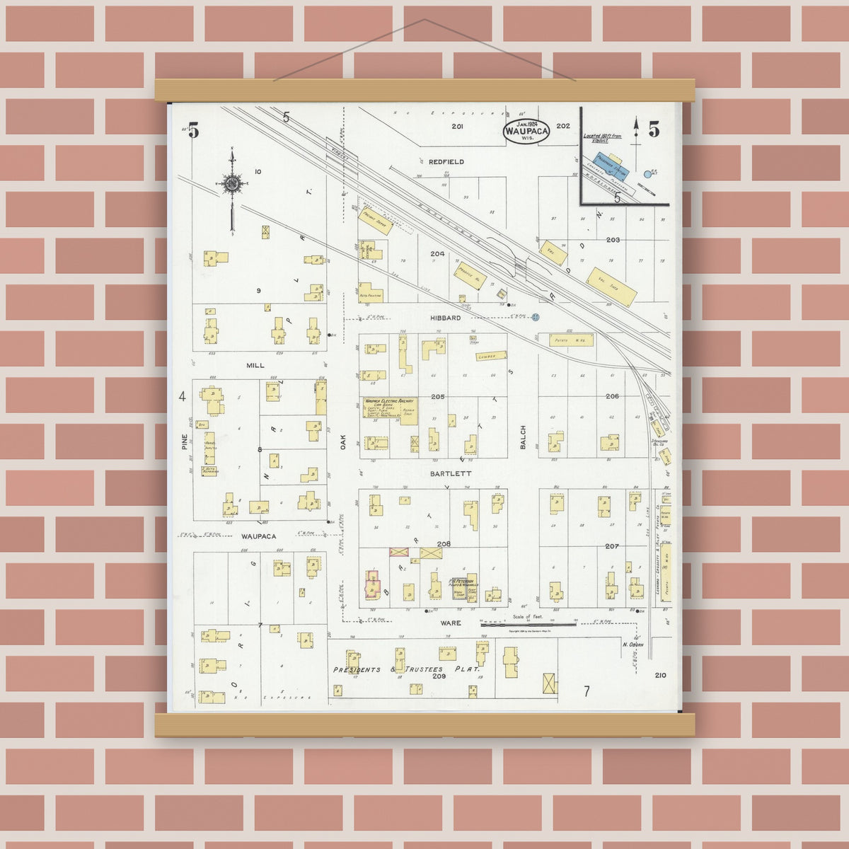 Old map wall art mockup — magnetic wood frame on brick wall — Sanborn Fire Insurance Map from Waupaca, Waupaca County, Wisconsin (1924), Sheet #0005