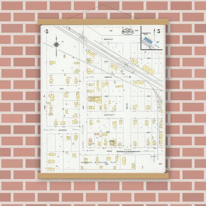 Old map wall art mockup — magnetic wood frame on brick wall — Sanborn Fire Insurance Map from Waupaca, Waupaca County, Wisconsin (1924), Sheet #0005
