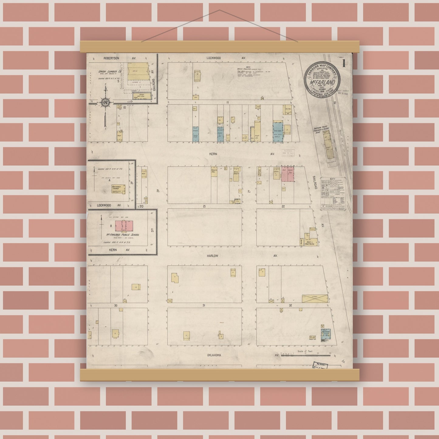 Old map wall art mockup — magnetic wood frame on brick wall — Sanborn Fire Insurance Map from Mcfarland, Kern County, California (1914), Sheet #0001