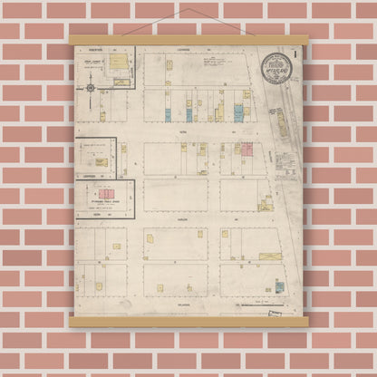 Old map wall art mockup — magnetic wood frame on brick wall — Sanborn Fire Insurance Map from Mcfarland, Kern County, California (1914), Sheet #0001