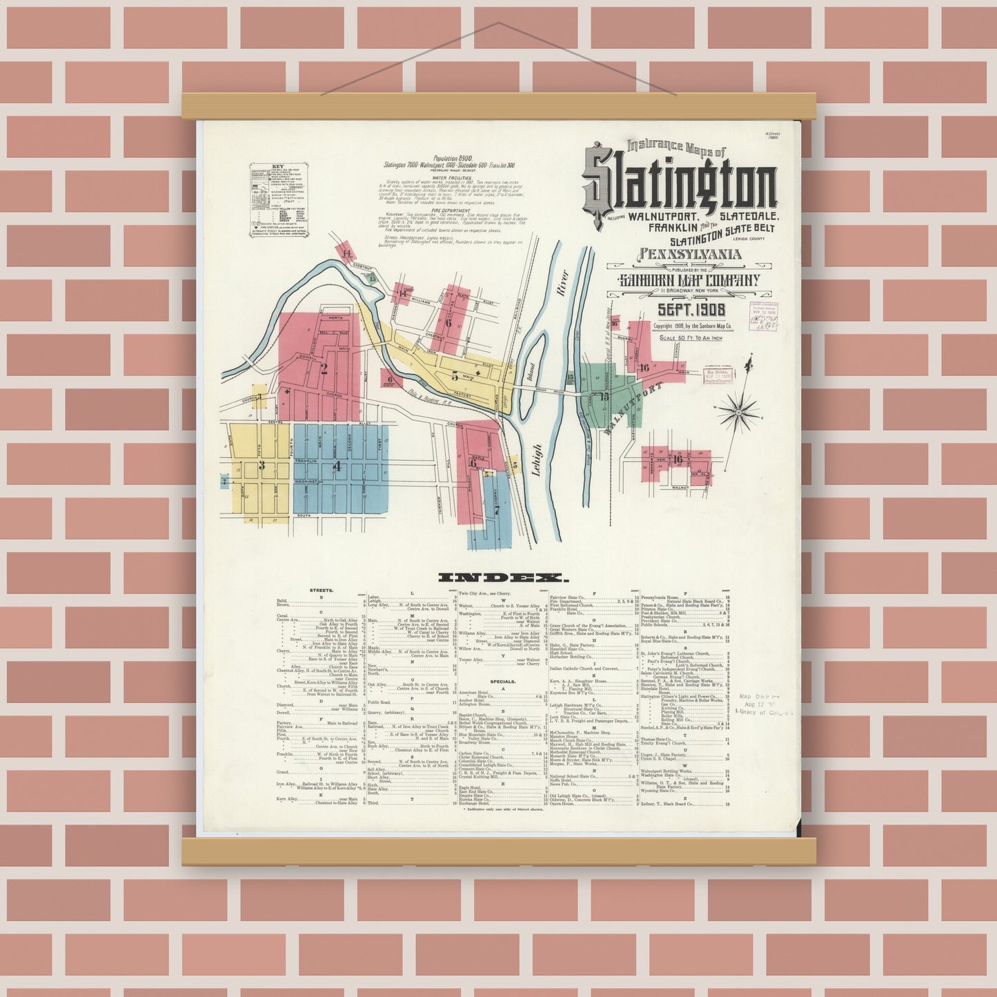 Old map wall art mockup — magnetic wood frame on brick wall — Sanborn Fire Insurance Map from Slatington, Lehigh County, Pennsylvania (1908) - Complete Map Set