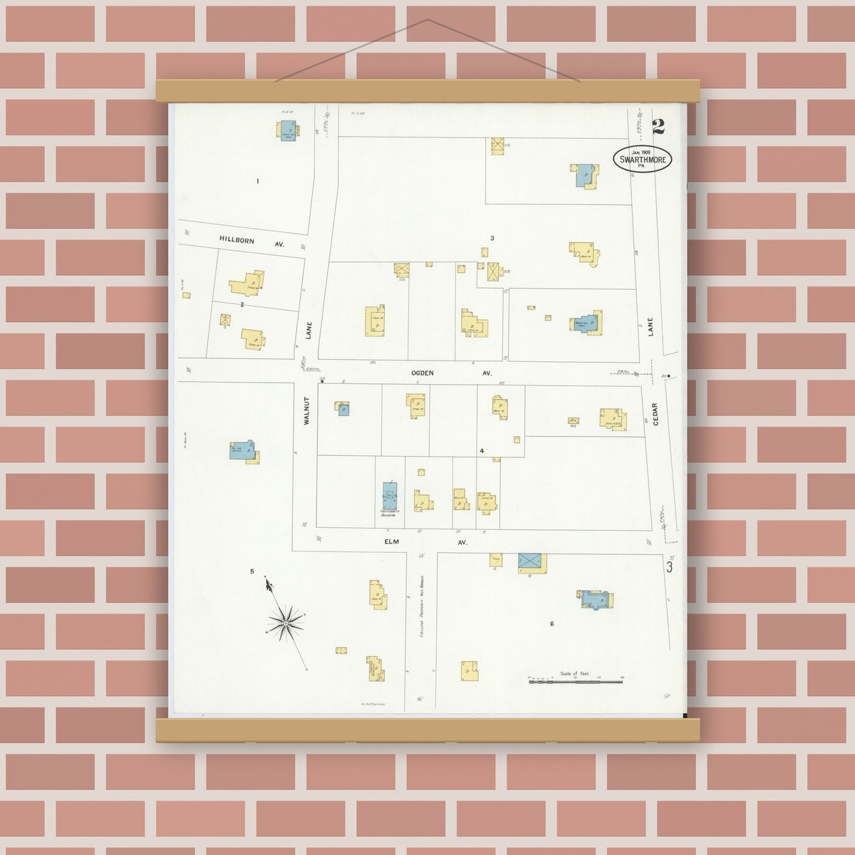 Old map wall art mockup — magnetic wood frame on brick wall — Sanborn Fire Insurance Map from Swarthmore, Delaware County, Pennsylvania (1909), Sheet #0002