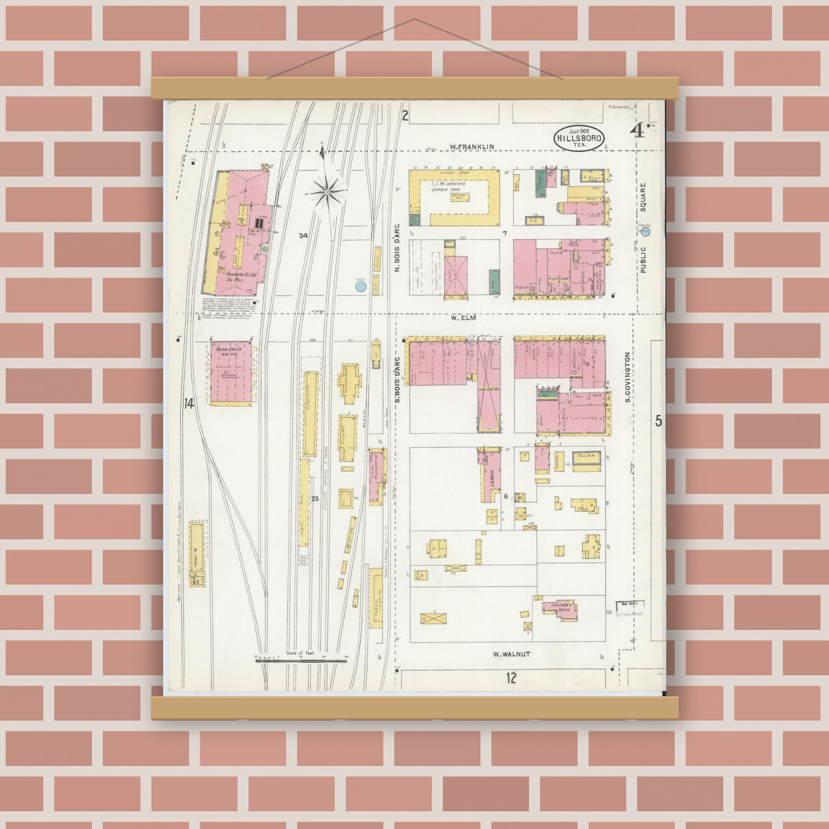 Old map wall art mockup — magnetic wood frame on brick wall — Sanborn Fire Insurance Map from Hillsboro, Hill County, Texas (1905), Sheet #0004