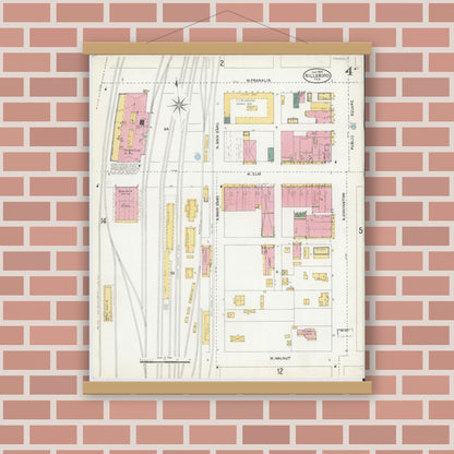Old map wall art mockup — magnetic wood frame on brick wall — Sanborn Fire Insurance Map from Hillsboro, Hill County, Texas (1905), Sheet #0004